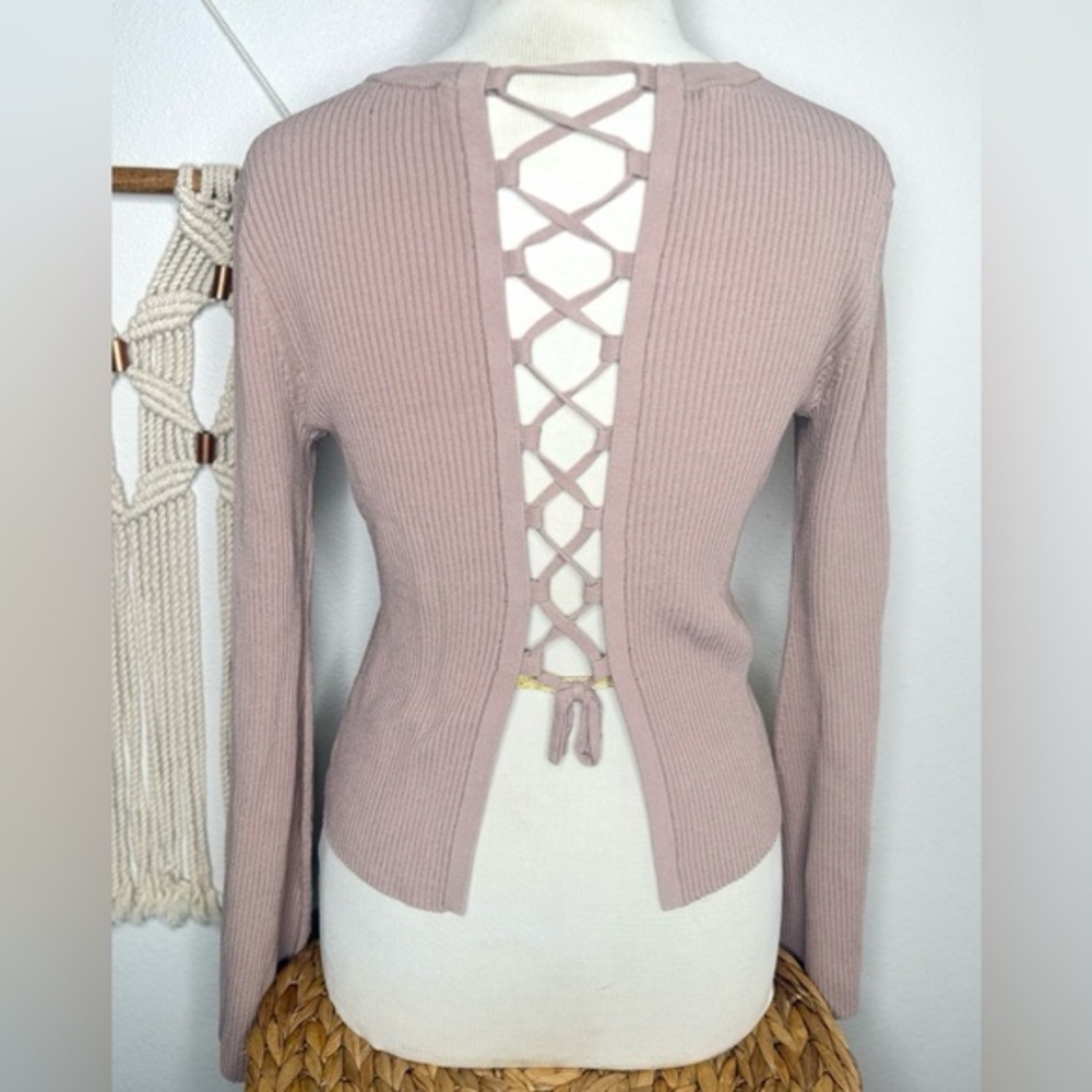 INTERMIX Taupe Ribbed Knit Top LACE UP Peekaboo back long sleeve sweater top